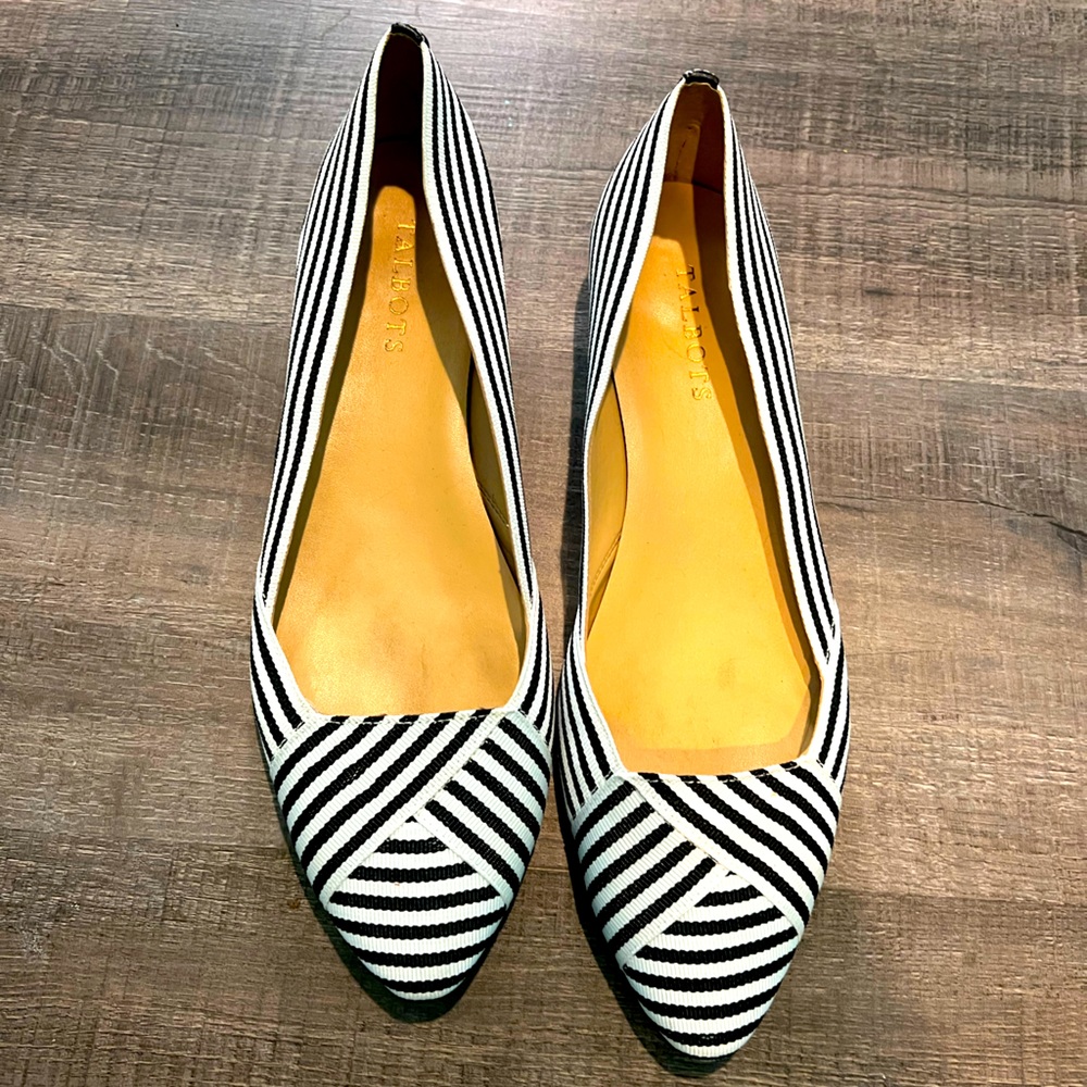 Talbots Edison Womens Black + White Striped Ribbon Pointed Flats